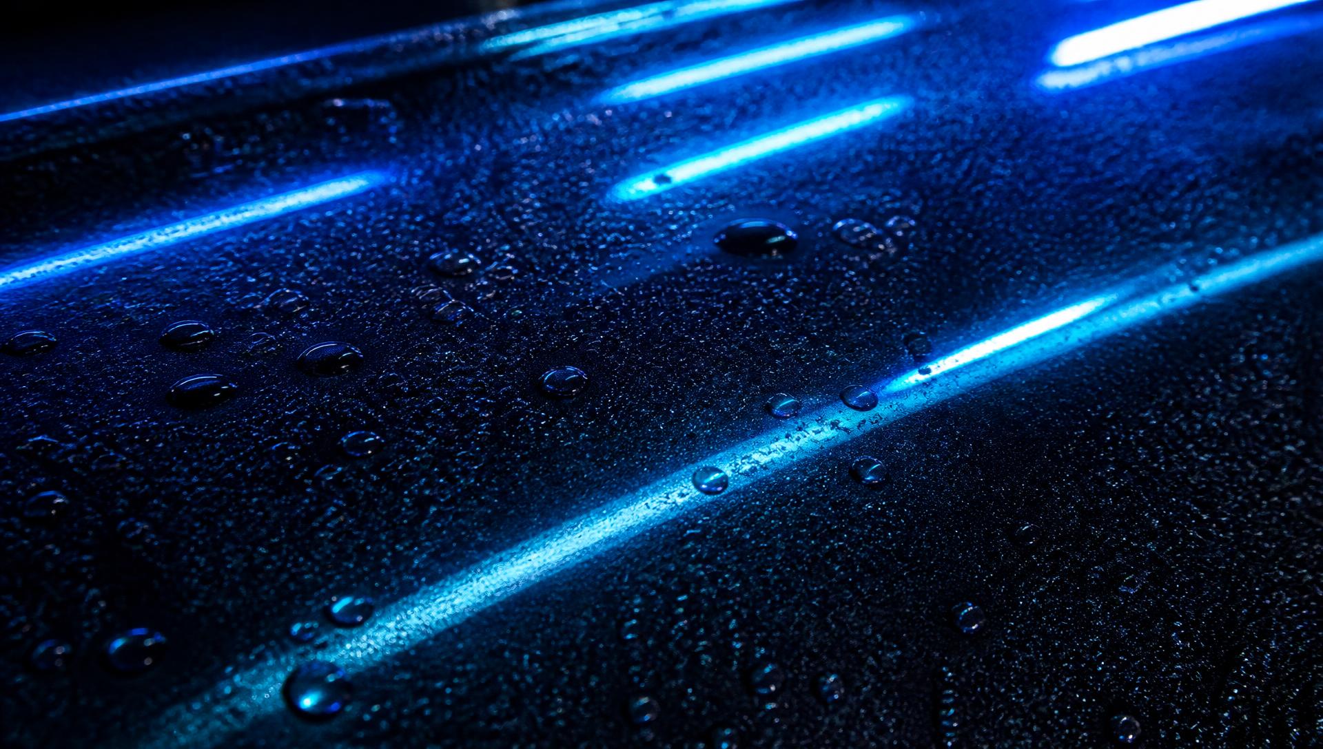 Macro close-up of glossy ceramic-coated paint with water beading under neon detailing lights